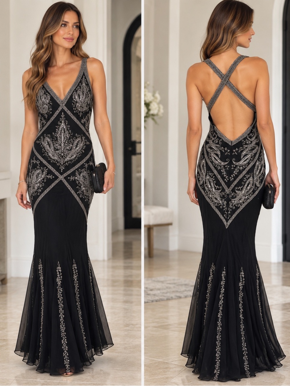 Adrianna Papell vintage Black Silver Embellished Mermaid Gown Open Back size 14